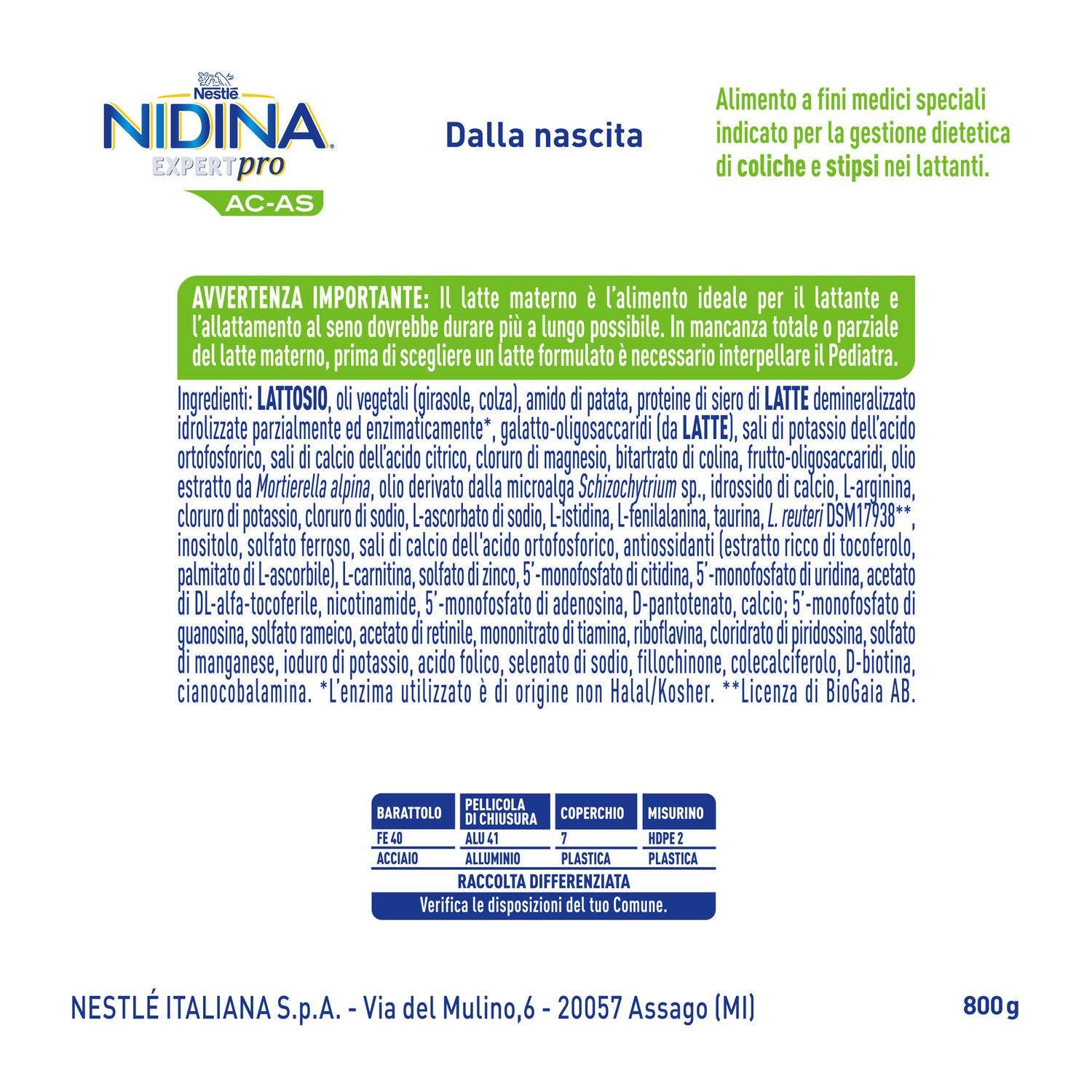 Nidina expertpro ac-as alimento a fini medici speciali in polvere, 800g - nestle' - Nestle'