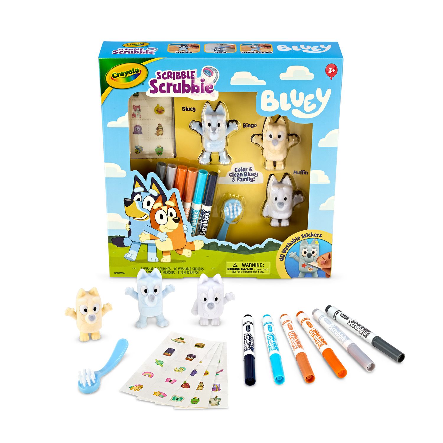 Crayola washimals - set bluey con 3 cuccioli, 6 pennarelli e 40 adesivi lavabili - CRAYOLA