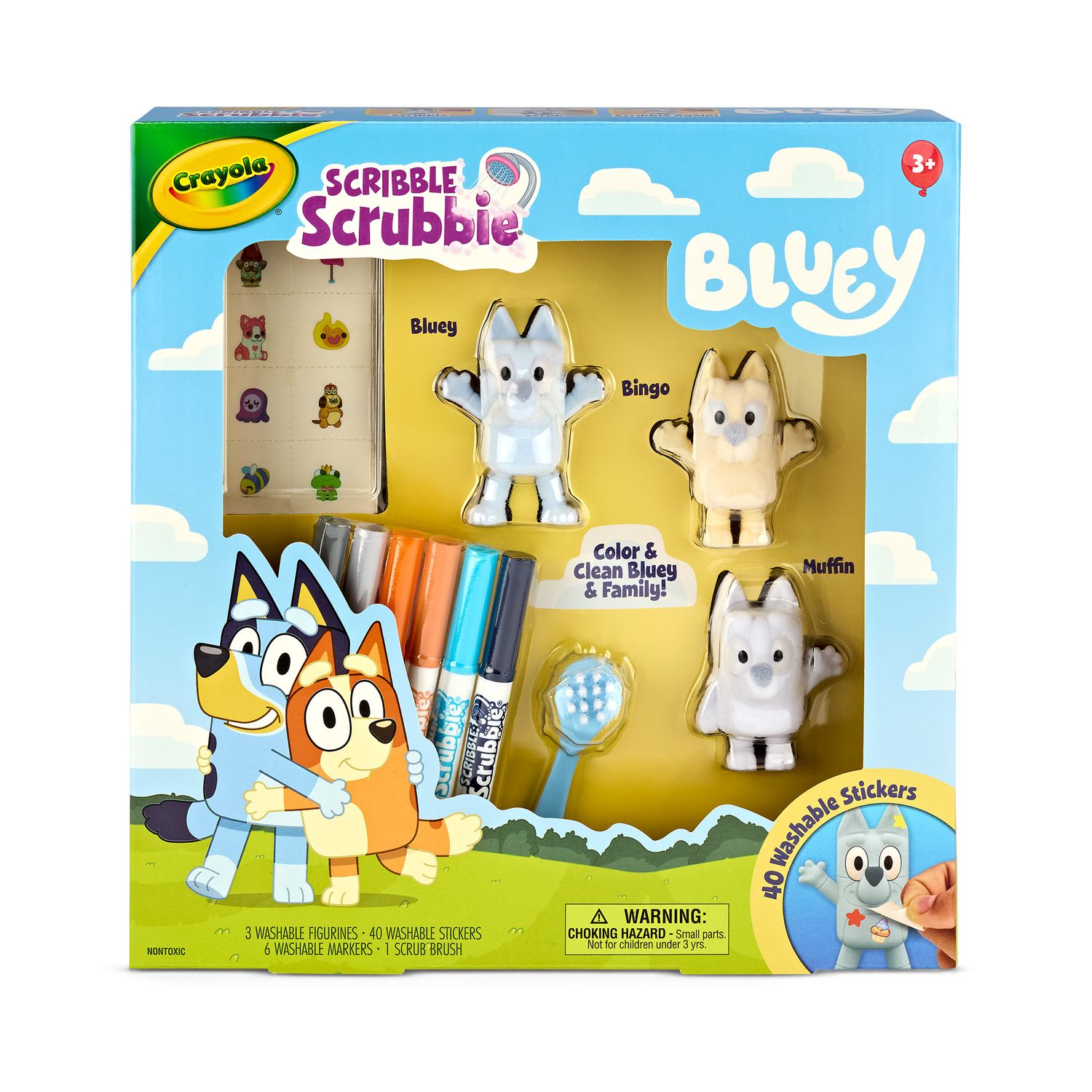 Crayola washimals - set bluey con 3 cuccioli, 6 pennarelli e 40 adesivi lavabili - CRAYOLA