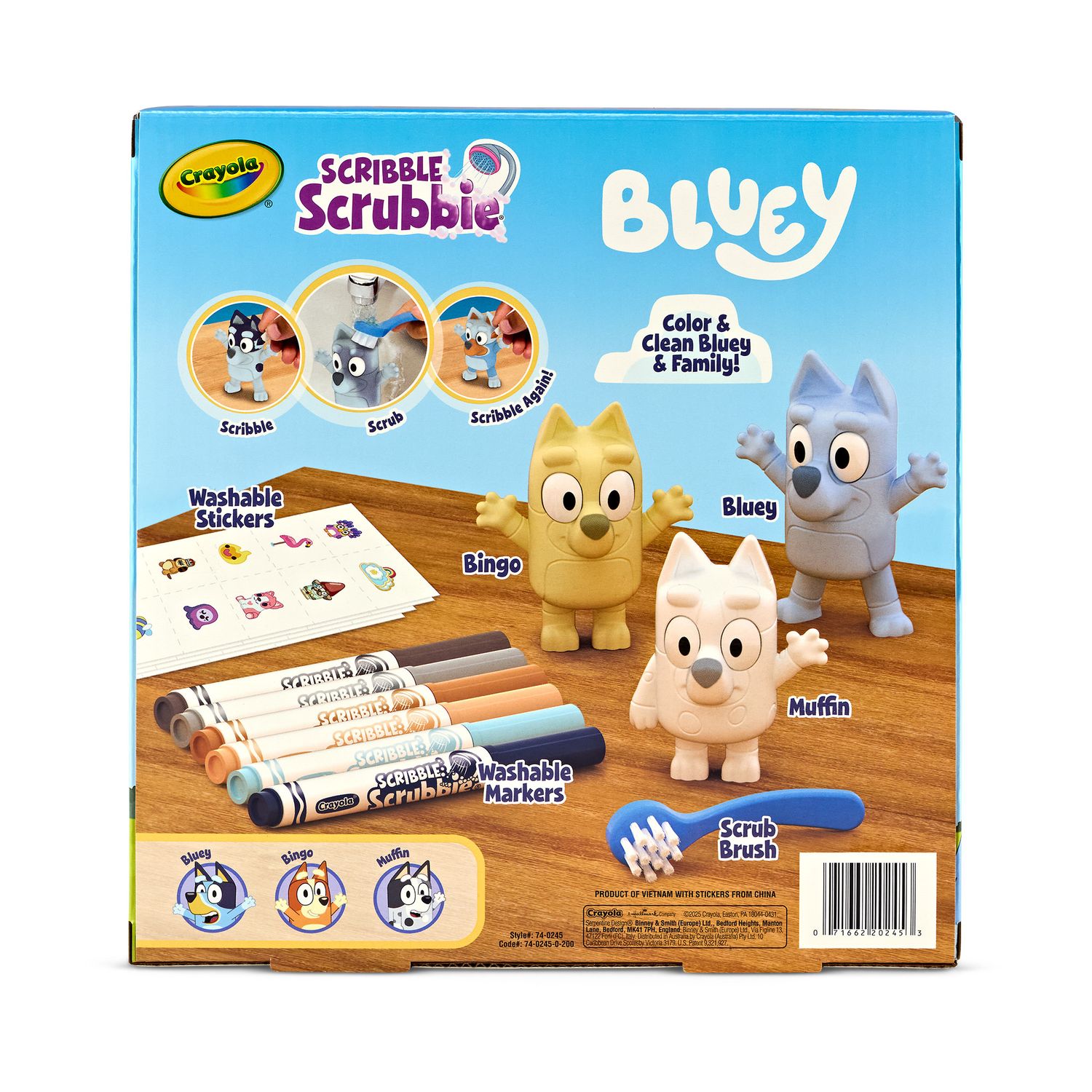Crayola washimals - set bluey con 3 cuccioli, 6 pennarelli e 40 adesivi lavabili - CRAYOLA
