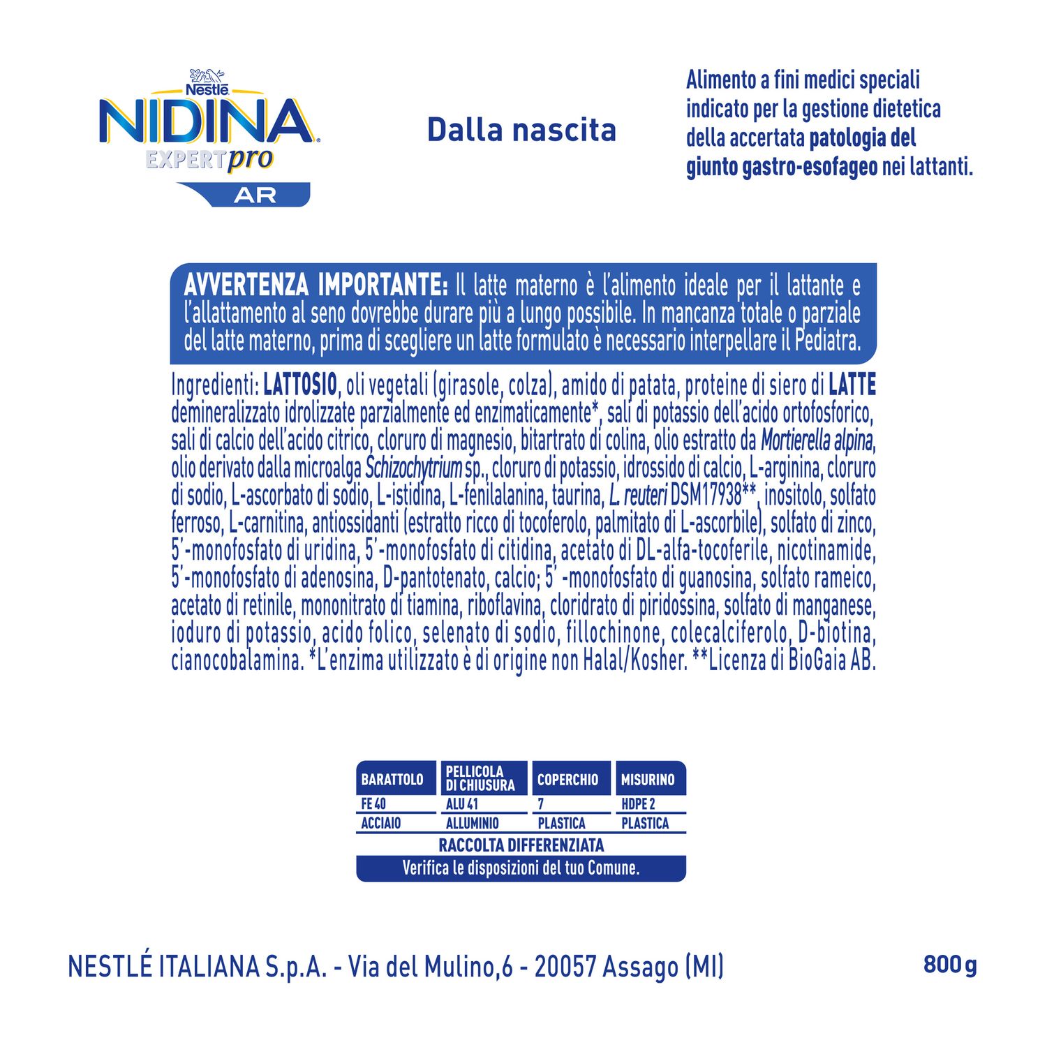 Nidina expertpro ar alimento a fini medici speciali in polvere, latta 800g - nestle' - Nestle'