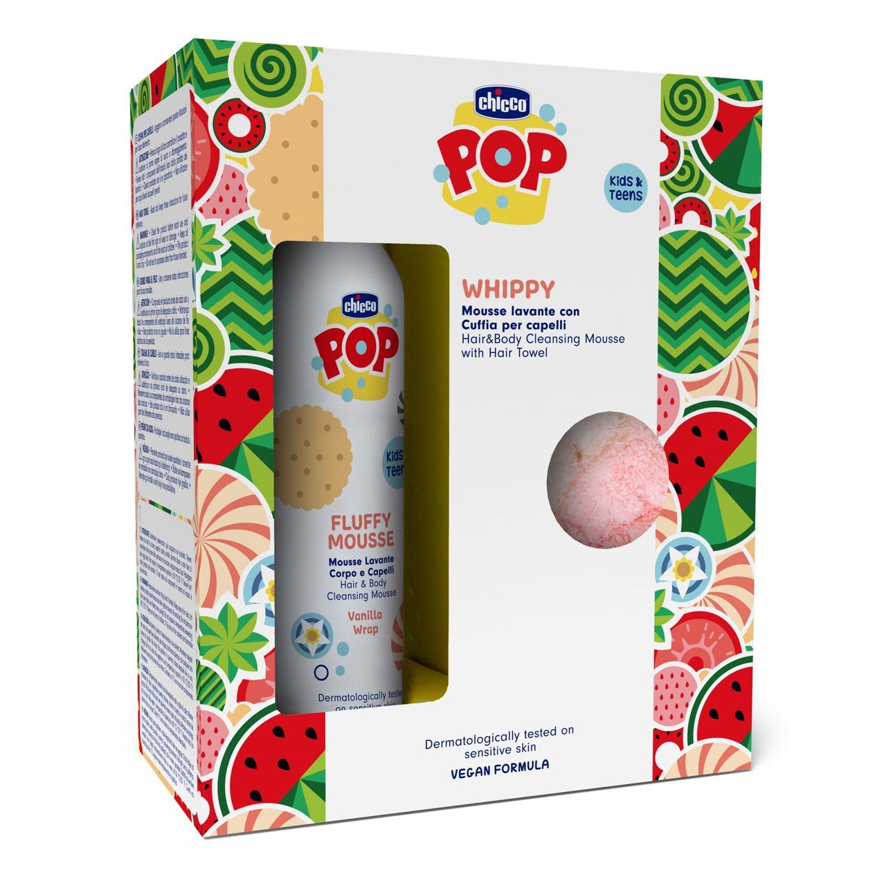 Mousse lavante corpo e capelli 200ml con cuffia whippy gift set - chicco - 