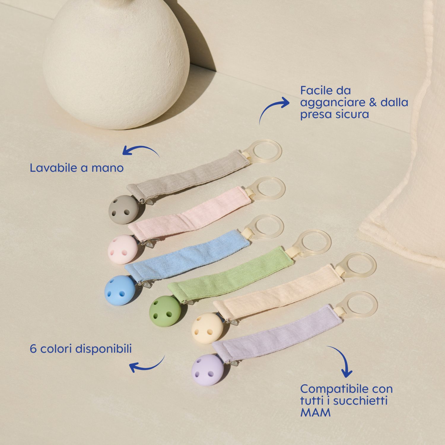Mam clip catenella portaciuccio (set da 2), 0+ mesi regolabile, lavabile a mano, compatibili con tutti i succhietti mam, verde/azzurro - Mam