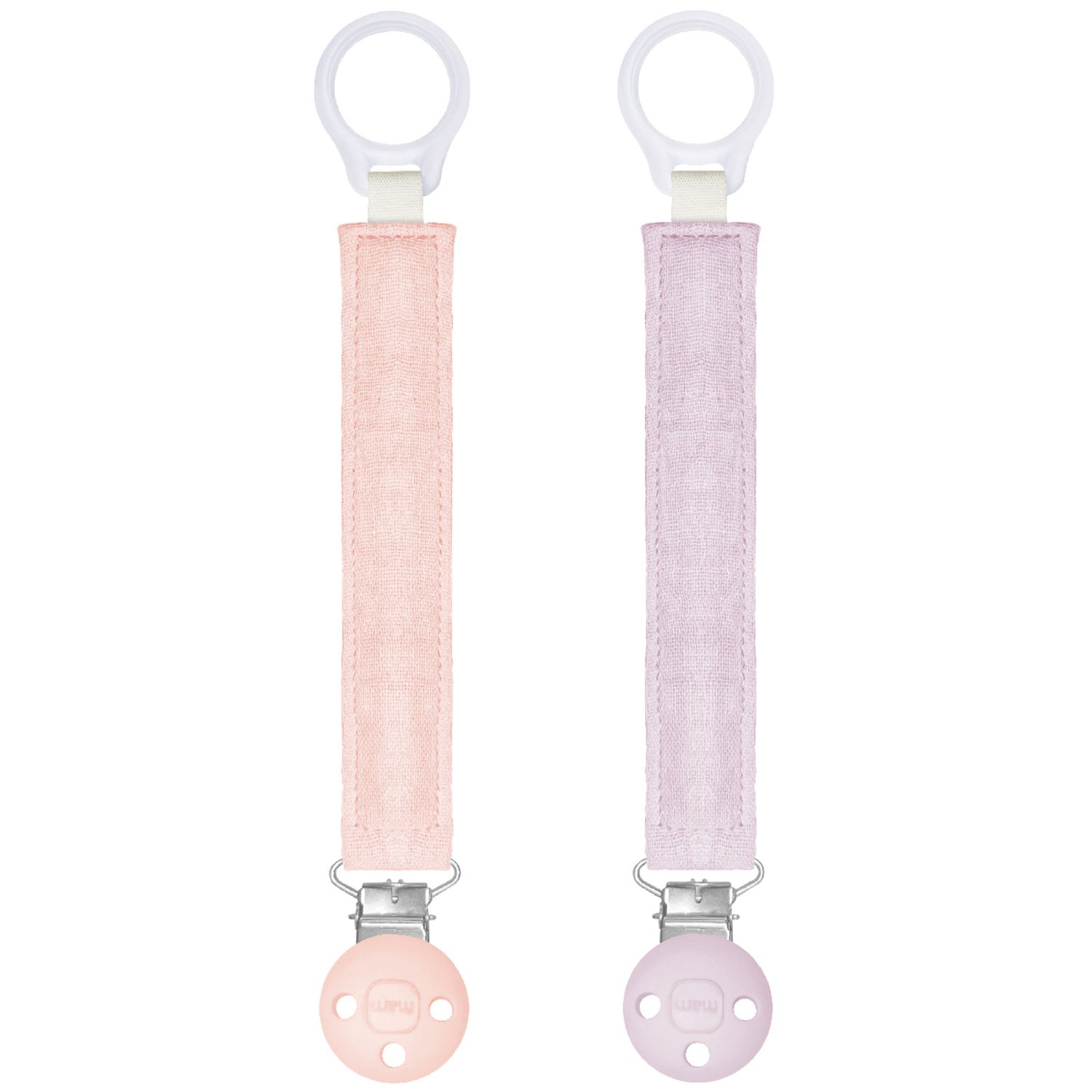 Mam clip catenella portaciuccio (set da 2), 0+ mesi regolabile, lavabile a mano, compatibili con tutti i succhietti mam, rosa/lilla - Mam