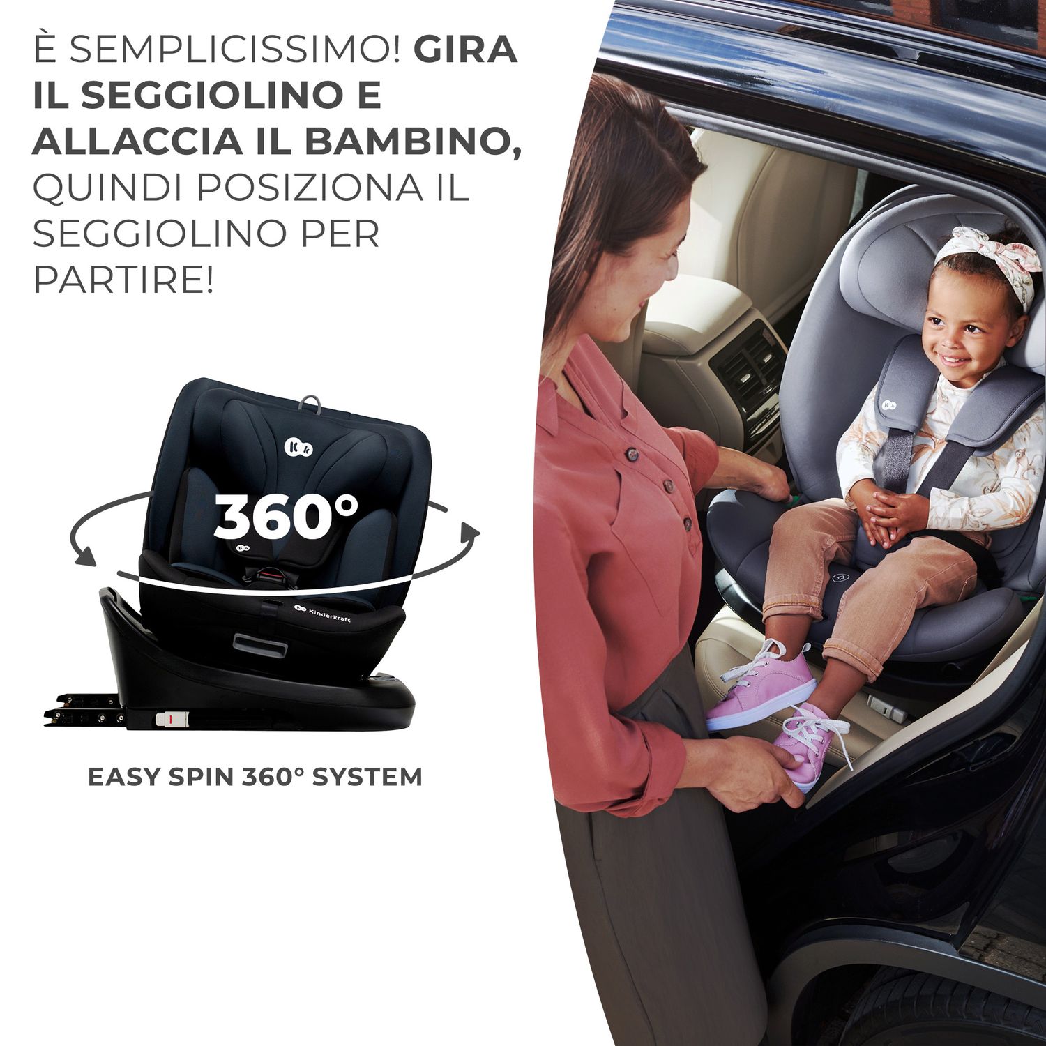 Kinderkraft seggiolino auto i-grow i-size black 40-150cm con base girevole - KinderKraft