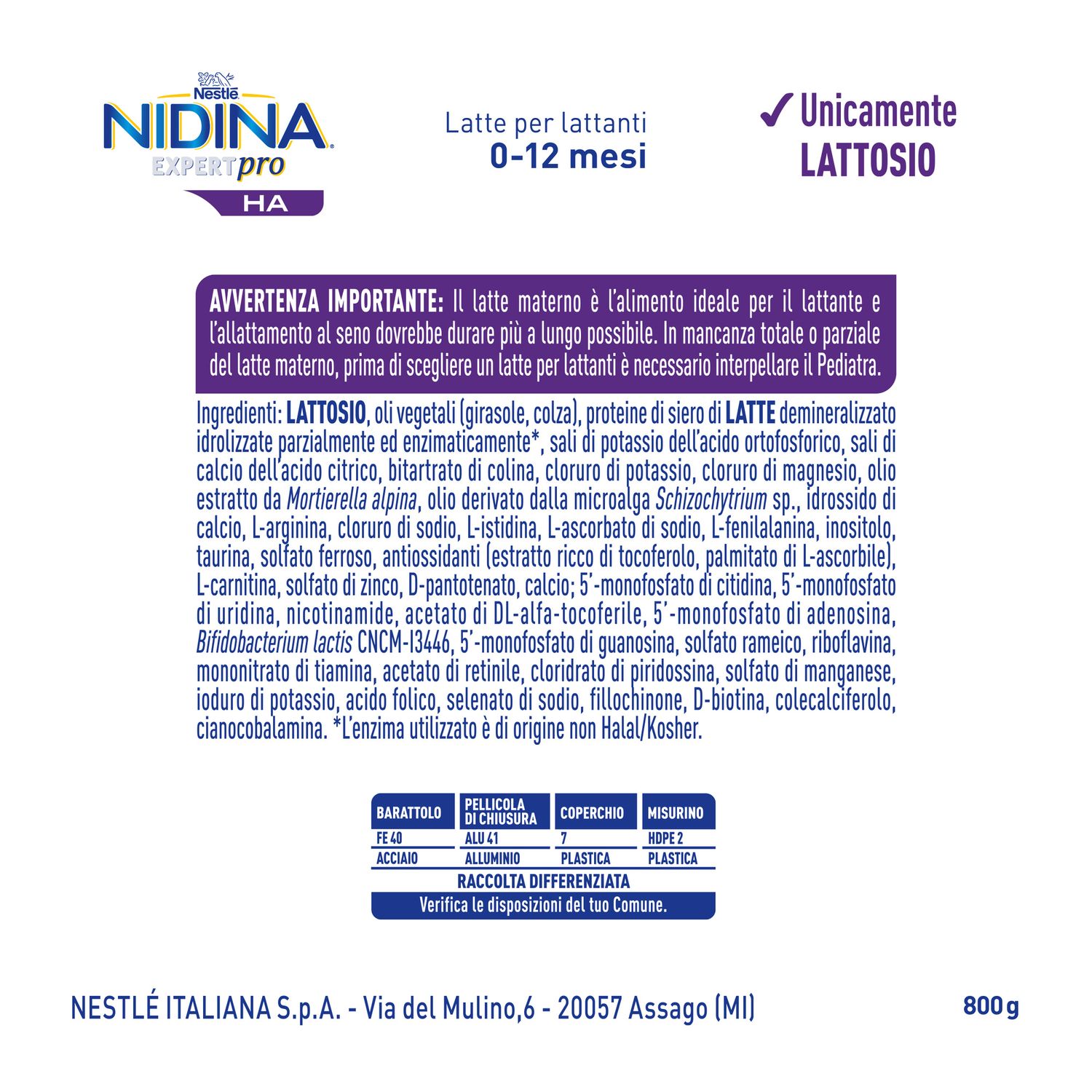 Nidina expertpro ha latte per lattanti polvere dalla nascita, latta 800g - nestle nidina - Nestlé Nidina