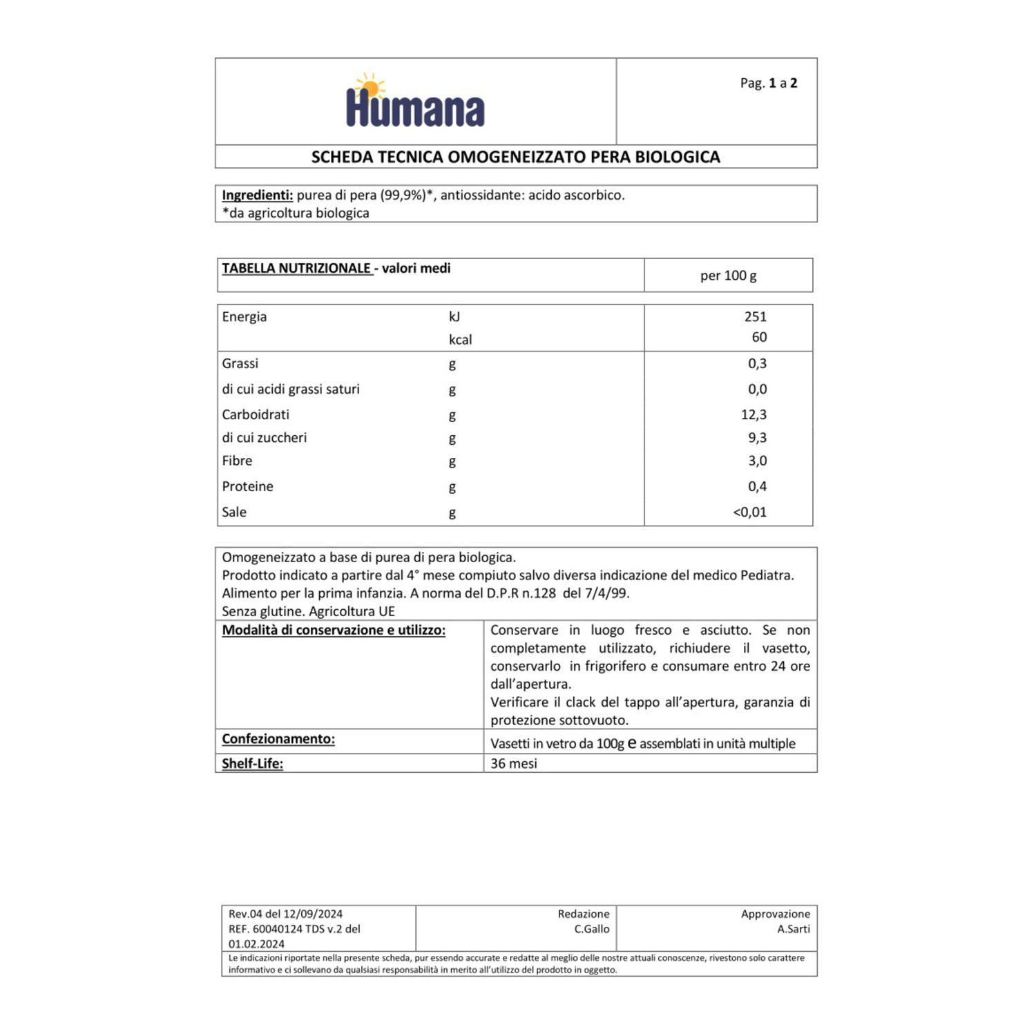 Omogeneizzato biologico  pera 4x100g - humana - Humana